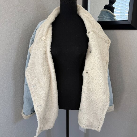 FREE PEOPLE We the Free Twisted Heart Cozy Blue Denim Fleece Jacket Medium - Picture 9 of 15